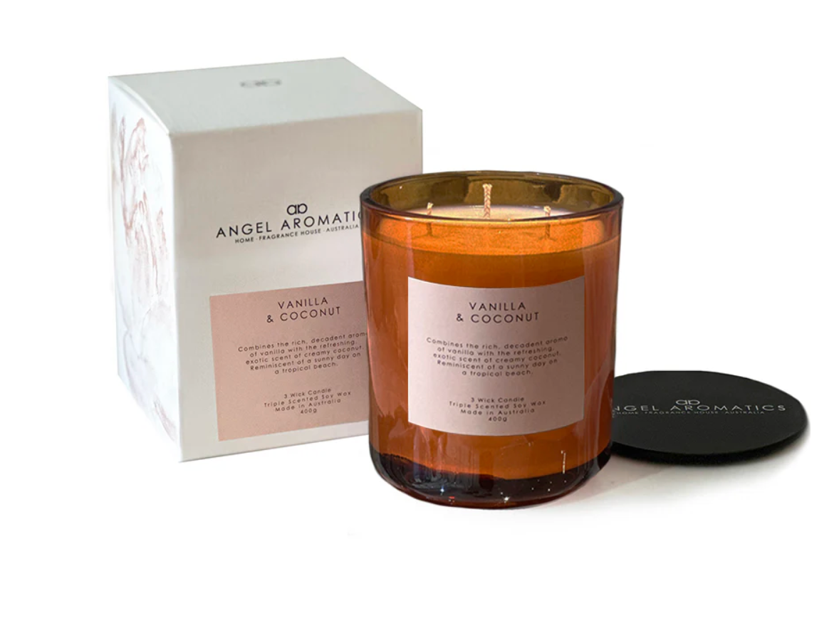 Angel Aromatics large glass candle with vanilla coconut scent – luxury home fragrance