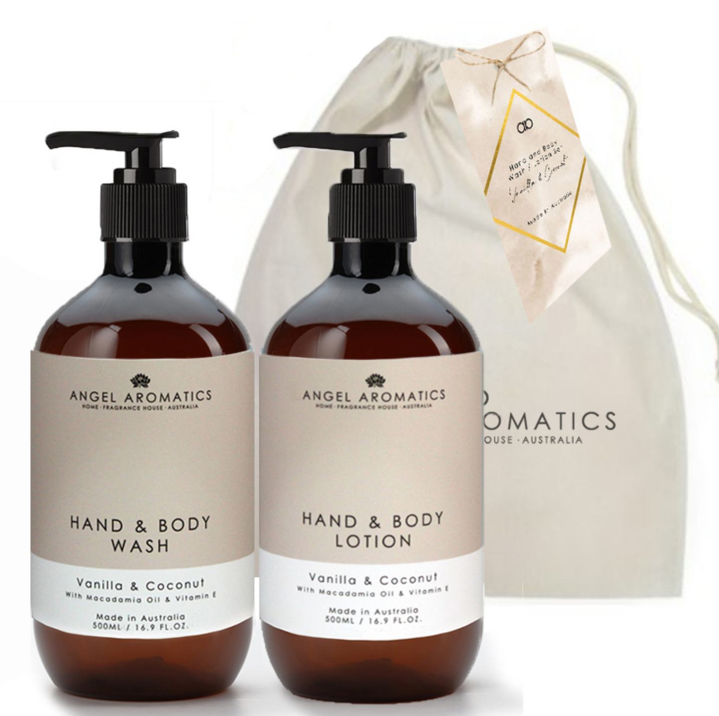 Angel Aromatics hand and body wash gift set with natural ingredients and elegant packaging.