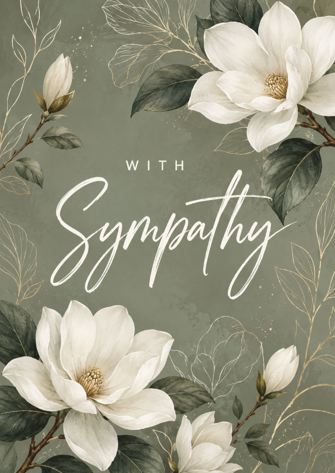 Elegant botanical With Sympathy greeting card with sage green background, white florals and script typography