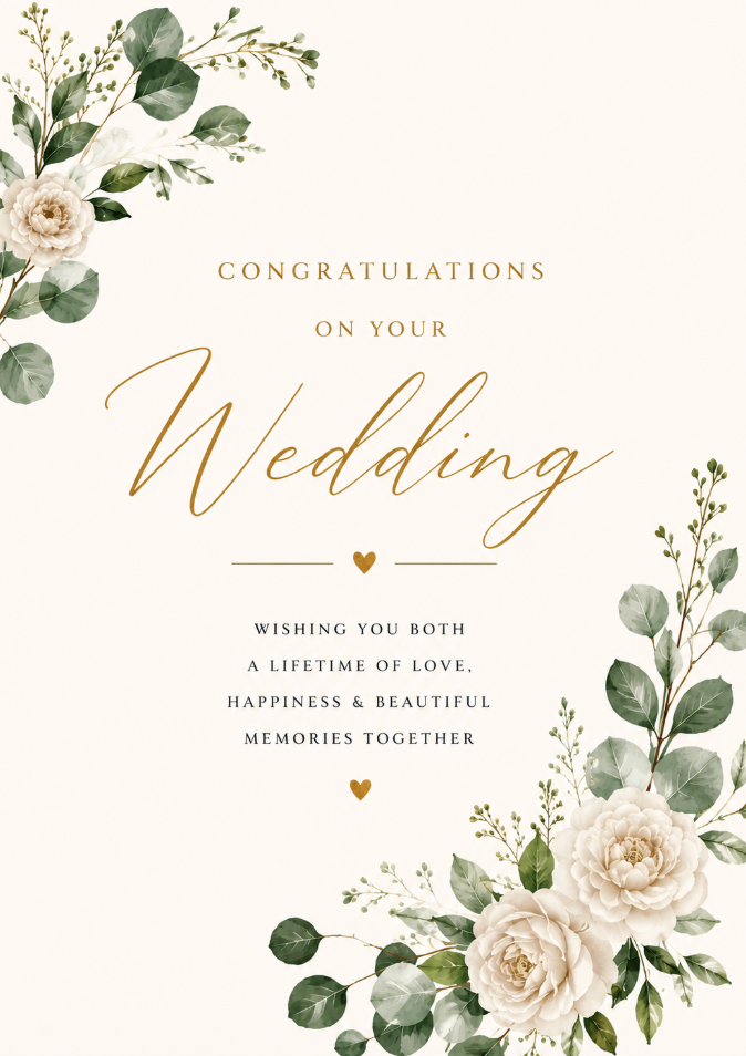 Elegant congratulations on your wedding card with white florals, eucalyptus greenery and gold typography