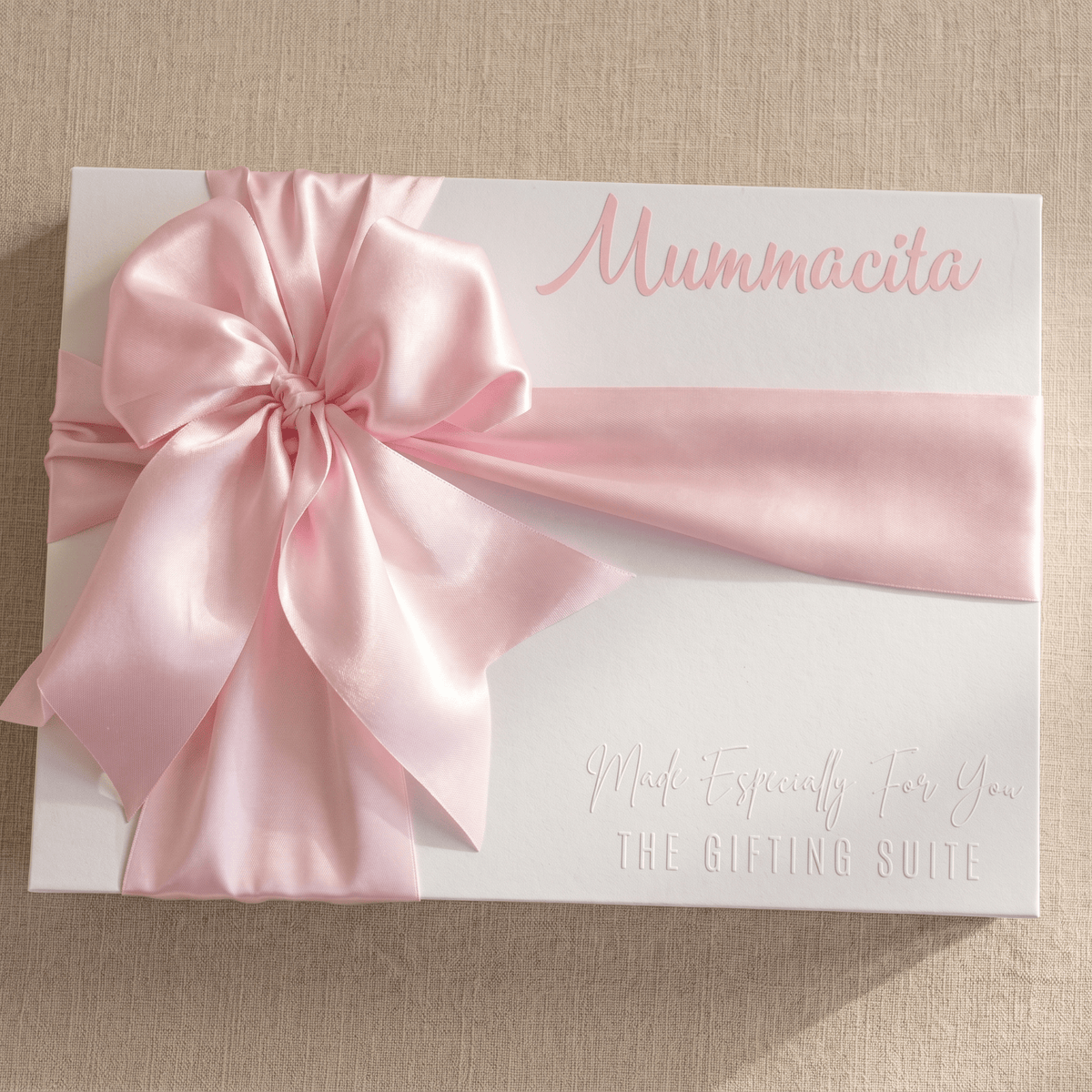 Personalised gift box with blush pink ribbon and custom name