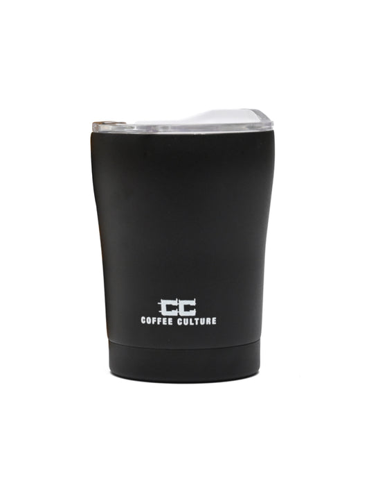 Stainless steel double wall reusable travel cup in pure black – 350ml capacity