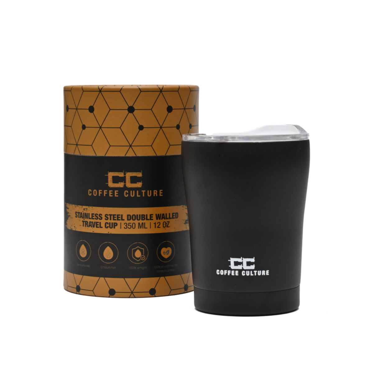 Stainless steel double wall reusable travel cup in pure black – 350ml capacity