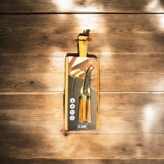St Clare 3 Piece Cheese Board Set – elegant cheese board with knife and server for serving gourmet cheeses