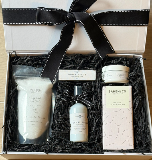 Relaxation gift box with minty foot soak, aromatherapy roller, magnesium body mist, rich body butter, and artisan chocolate – The Reset Box