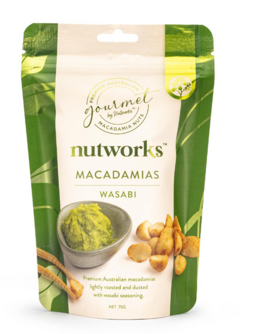 Nutworks Wasabi Macadamias 75g – crunchy macadamia nuts with a spicy wasabi coating