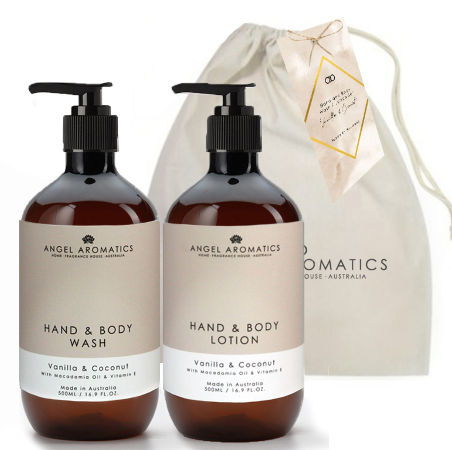 Angel Aromatics hand and body wash gift set with natural ingredients and elegant packaging.
