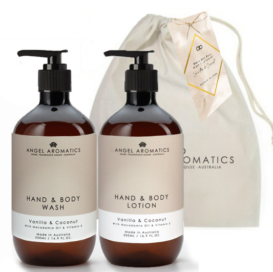 Angel Aromatics hand and body wash gift set with natural ingredients and elegant packaging.