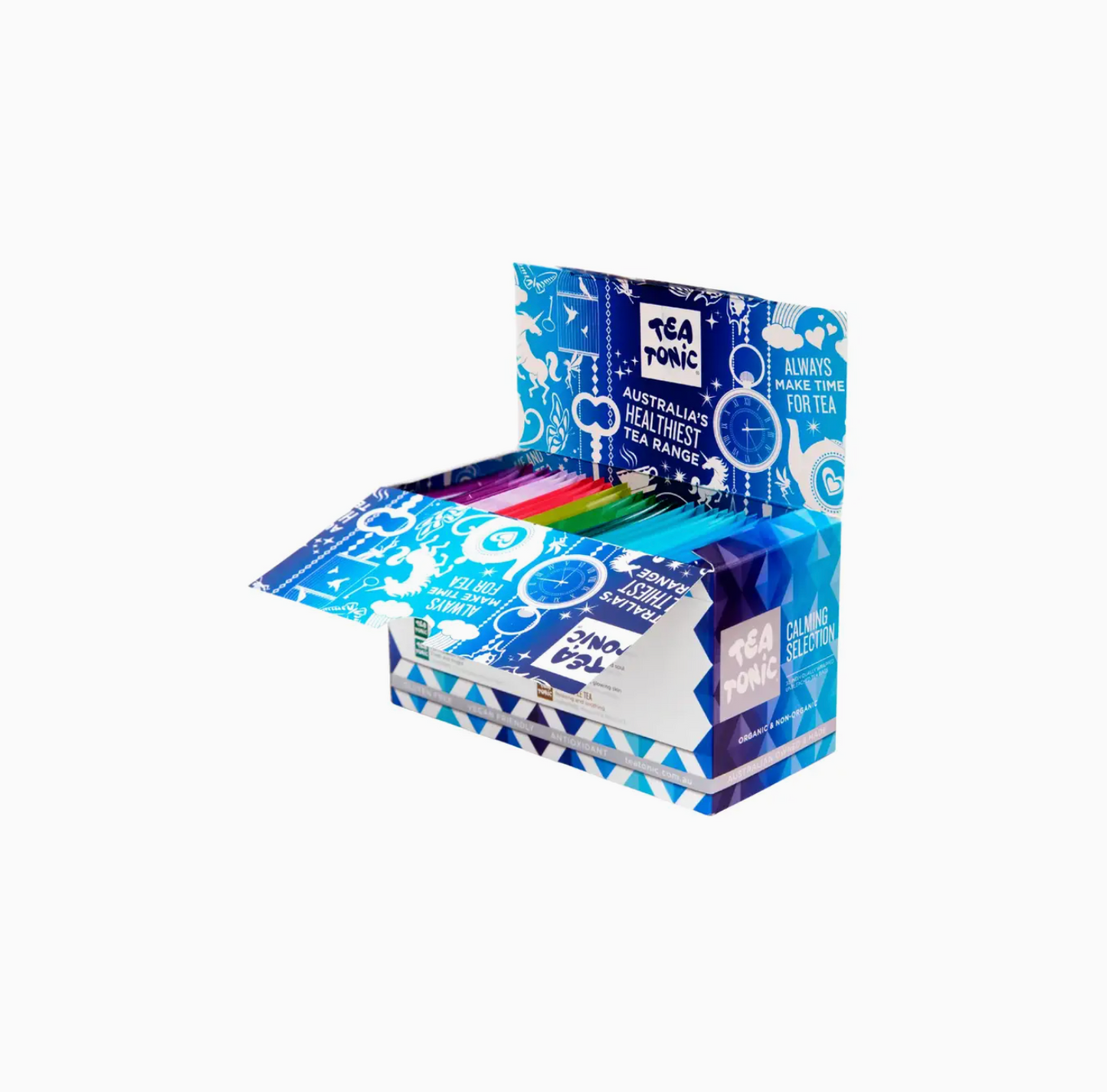 Open Tea Tonic Calming Selection box displaying assorted individually wrapped teabags