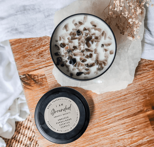 Boho Tranquility Co Intention Candle – Grounded | Smokey Quartz Crystal Candle | Premium Gift Box from The Gifting Suite | Australia