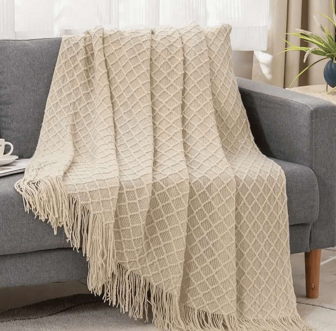 Cozy Throw Blanket | Vintage Geometric Rhombus Pattern, Machine Washable Blanket with Tassels | Premium Gift Box from The Gifting Suite | Australia