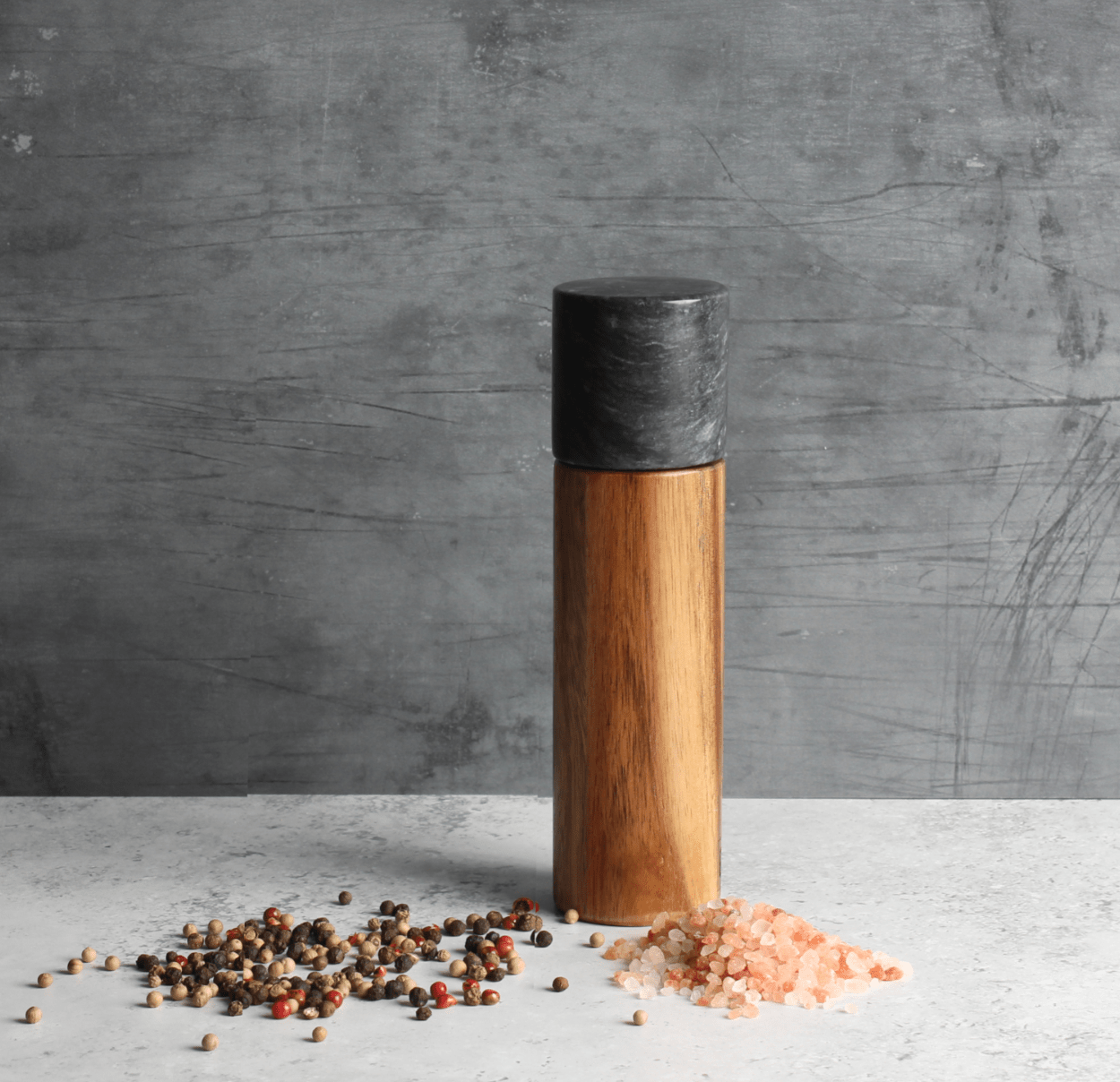 GABEL&TELLER Black Marble Salt & Pepper Grinder 18cm | Adjustable Acacia Wood Mill | Premium Gift Box from The Gifting Suite | Australia