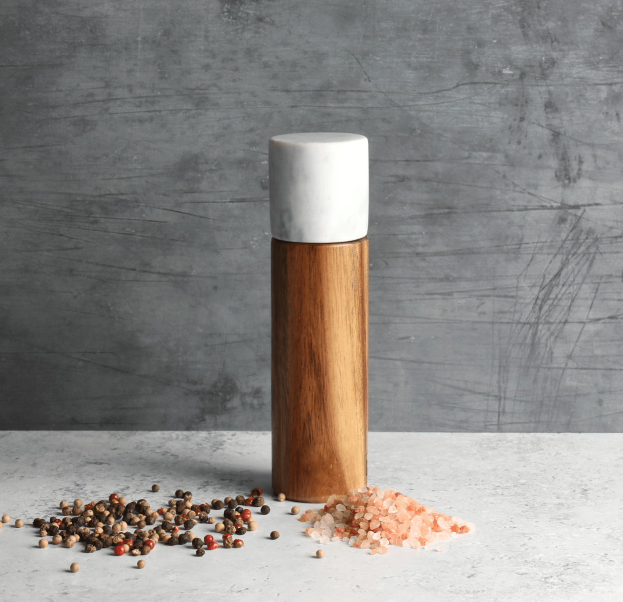 GABEL&TELLER White Marble Salt & Pepper Grinder 18cm | Adjustable Acacia Wood Mill | Premium Gift Box from The Gifting Suite | Australia