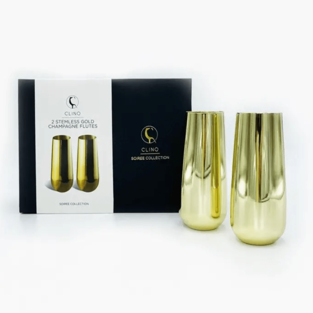Gold Champagne Flutes (Set of 2) – Elegant Stemless Gift Glasses by CLINQ | Premium Gift Box from The Gifting Suite | Australia
