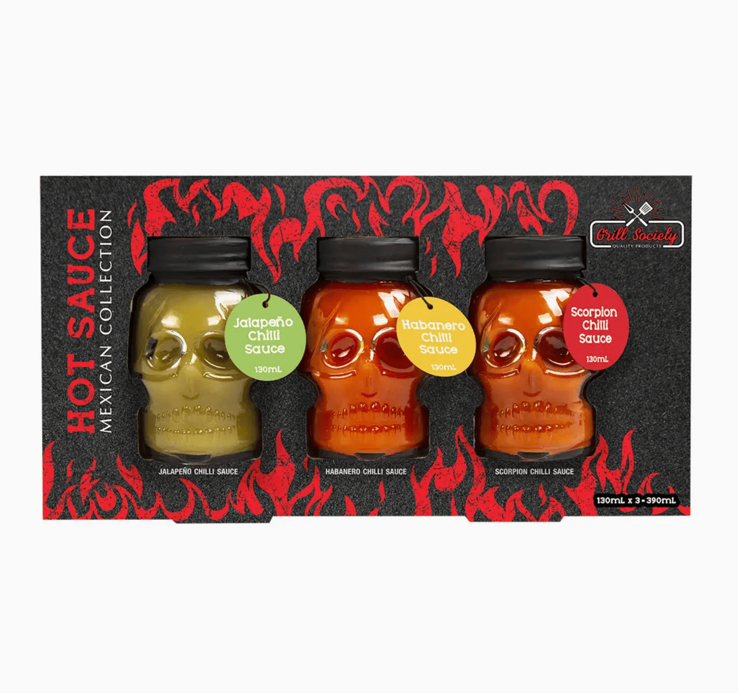 Grill Society Mexican Hot Sauce Collection | Skull Bottle Chilli Sauces (3 Pack, Made in Australia) | Premium Gift Box from The Gifting Suite | Australia