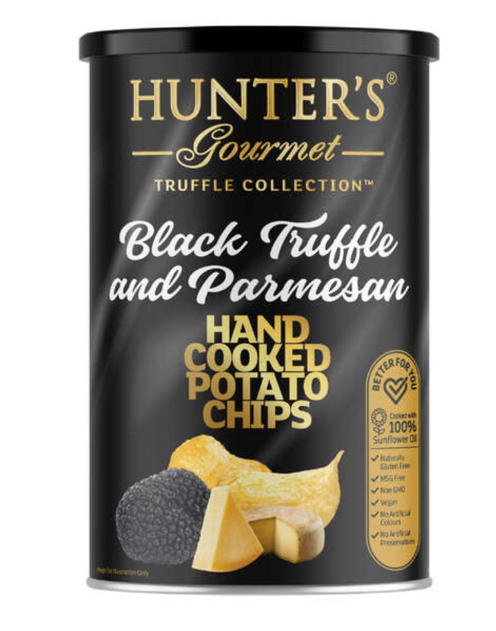 Hunter's Gourmet Hand Cooked Potato Chips Truffle Collection - Black Truffle & Parmesan Canister 150g | Premium Gift Box from The Gifting Suite | Australia