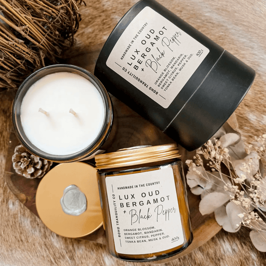 Lux Oud, Bergamot & Black Pepper Candle | Boho Tranquility Co | Premium Gift Box from The Gifting Suite | Australia