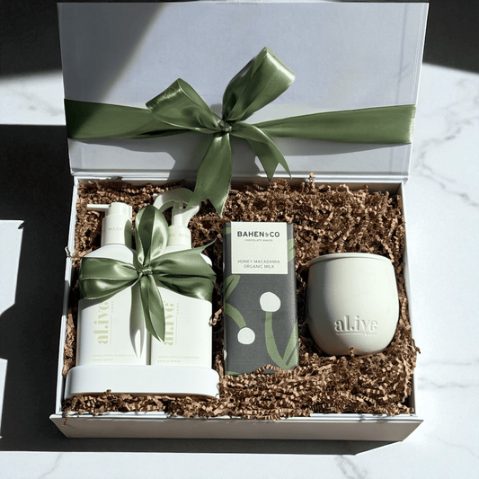 Luxury Home Essentials Gift Box – al.ive Body & Bahen & Co Chocolate | Premium Gift Box from The Gifting Suite | Australia