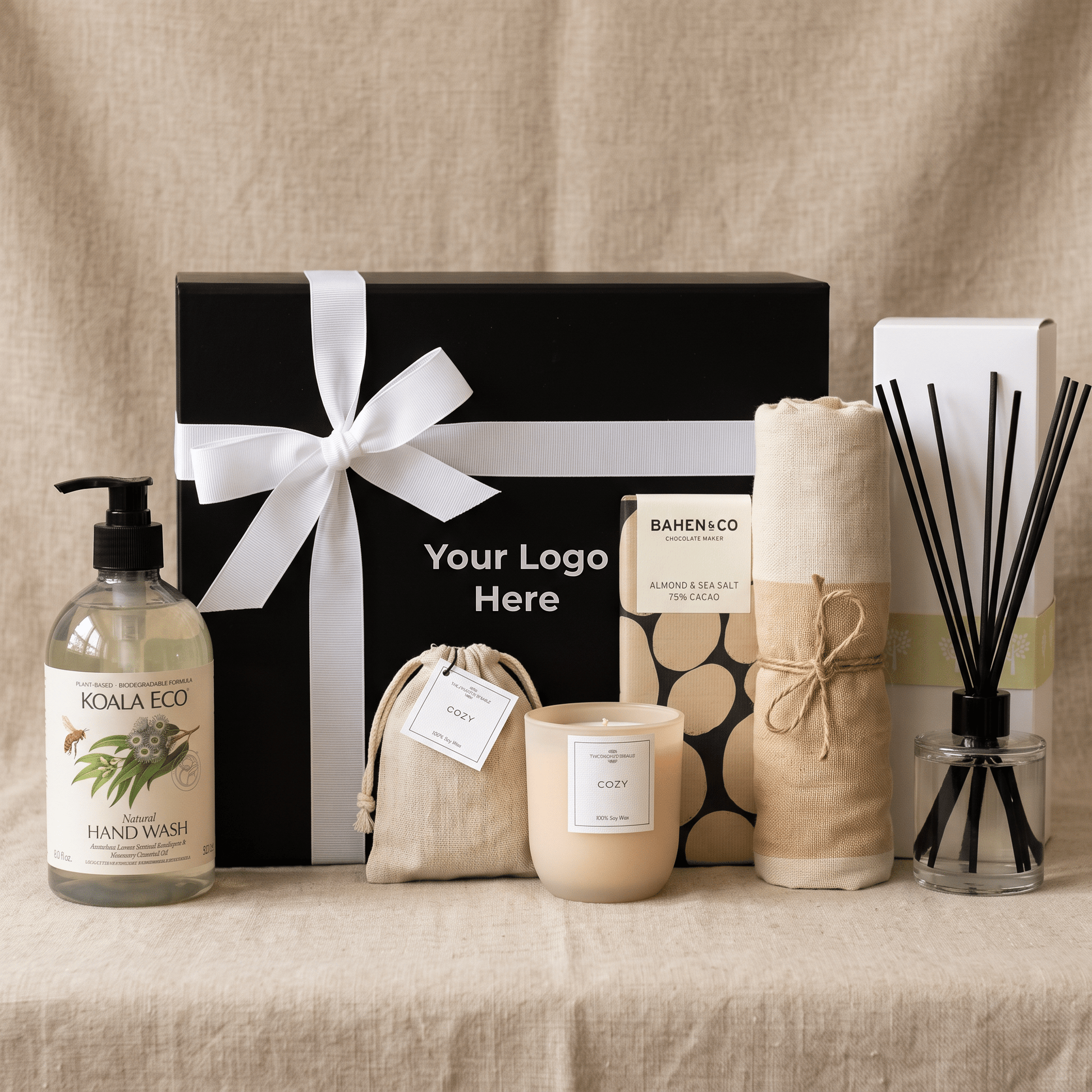Luxury gift box featuring diffuser, candle, towel and chocolate