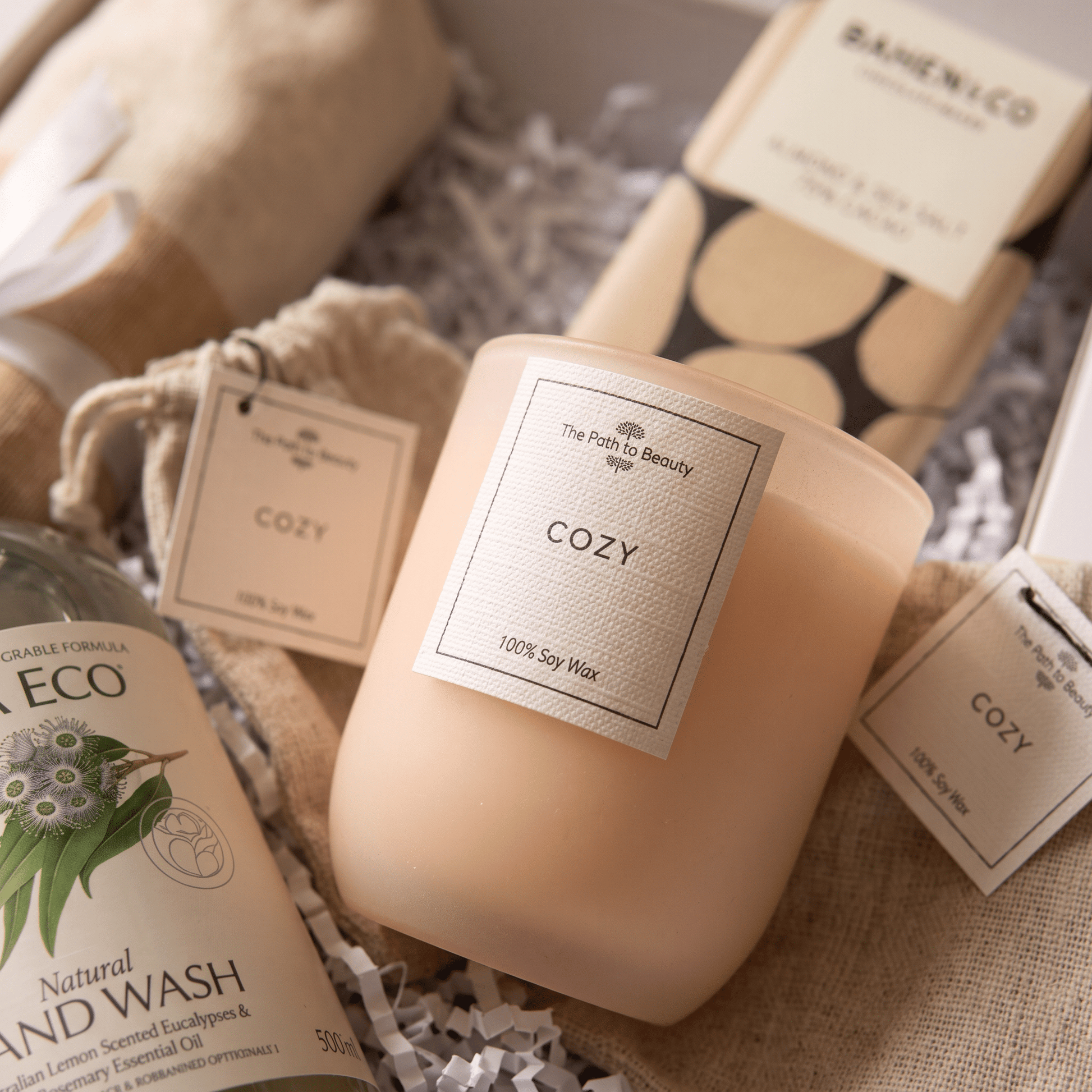 Luxury gift box featuring diffuser, candle, towel and chocolate